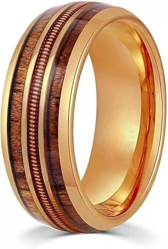 Men 8mm Tungsten Guitar String Whisky Barrel Wood Inlay Engagement Wedding Band